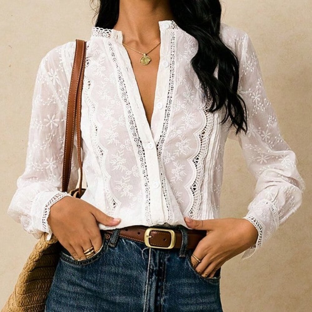 White Boho Women's Elegant Long Sleeve Blouse - Picture 6 of 7